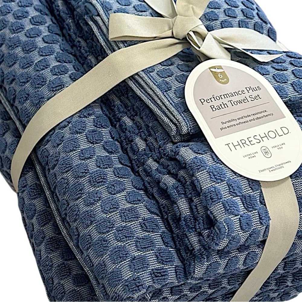 New Threshold 6 Pc Luxury Bath Towel Set Built in Hook Loops Textured Blue